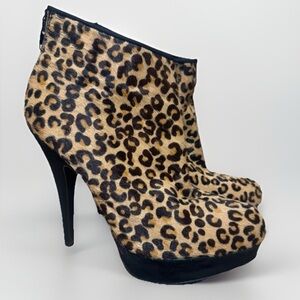 Aldo Pony hair Leopard Print stiletto Heeled Boots booties animal 5” heels zip